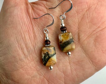 Polychrome Jasper Gemstone Dangle Earrings | Jasper Beads + Wood Accents, Boho Style Drop Earrings, Silver Tone Finishes