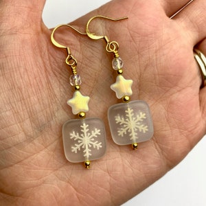 Iridescent Snowflakes + Stars Dangles | Christmas Snowflakes Czech Glass Beads, Winter Holiday Jewelry, Drop Earrings, Gold Tone Finishes