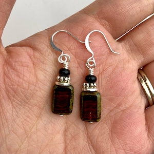 Deep Red + Black Czech Glass Rectangle Dangle Earrings | Crimson Striped Picasso Glass Beads, Boho Style Drop Earrings, Silver Tone Finishes