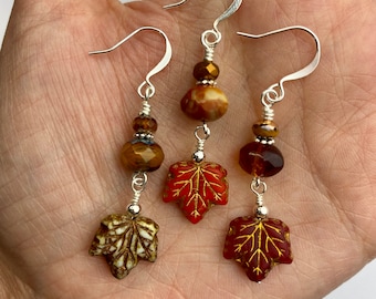 Reds and Bronze Fall Leaf + Czech Glass Double Dangles | Colorful Czech Glass Autumn Leaves, Boho Style Drop Earrings, Silver Tone Finishes