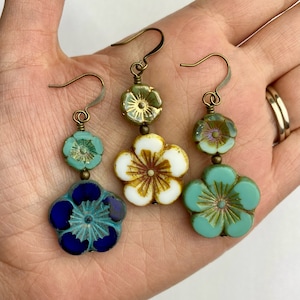 Choose Your Color! Double Flower Stacked Dangle Earrings | Colorful Czech Glass Floral Beads, Boho Floral Drop Earring, Antique Brass Finish