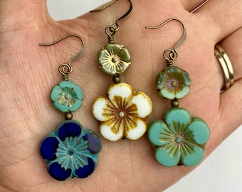 Choose Your Color! Double Flower Stacked Dangle Earrings | Colorful Czech Glass Floral Beads, Boho Floral Drop Earring, Antique Brass Finish