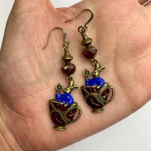 Alice in Wonderland, White Rabbit + Tea Cup Dangle Earrings | Alice in Wonderland Charms, Disney Inspired Drop Earrings Antique Brass Finish