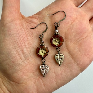 Iridescent Gold Leaves + Warm Brown Flowers Double Dangle Earrings | Czech Glass Flowers, Boho Drop Earrings, Antiqued Brass Tone Finishes