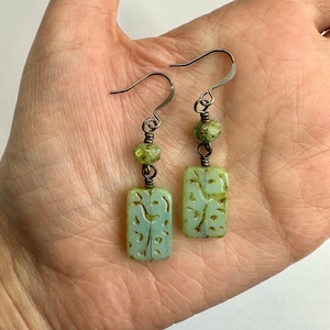 Translucent Blue Unique Carved Glass Double Dangle Earrings | Soft Blue Czech Glass Beads Dangles, Boho Drop Earring, Antique Brass Finishes