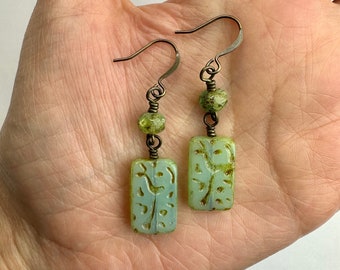 Translucent Blue Unique Carved Glass Double Dangle Earrings | Soft Blue Czech Glass Beads Dangles, Boho Drop Earring, Antique Brass Finishes