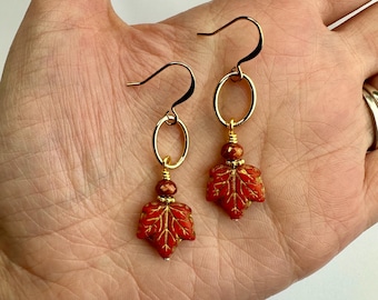 Soft Red Leaves Simple Fall Leaf Dangles | Czech Glass Autumn Leaves + Gold Tone Link, Boho Style Drop Earrings, Gold Tone Finishes