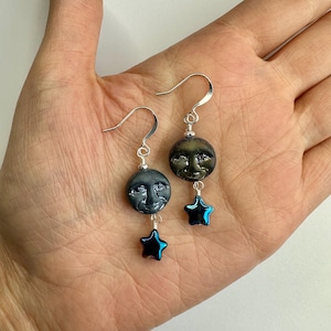 Full Moons + Czech Glass Stars Double Dangle Dangle Earrings | Blue Glass Beads, Moon + Star Boho Style Drop Earrings, Silver Tone Finishes