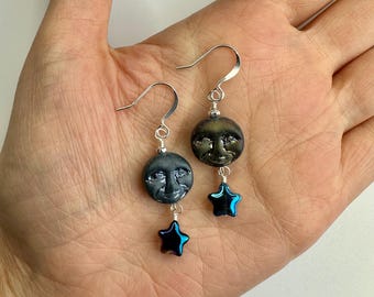 Full Moons + Czech Glass Stars Double Dangle Dangle Earrings | Blue Glass Beads, Moon + Star Boho Style Drop Earrings, Silver Tone Finishes