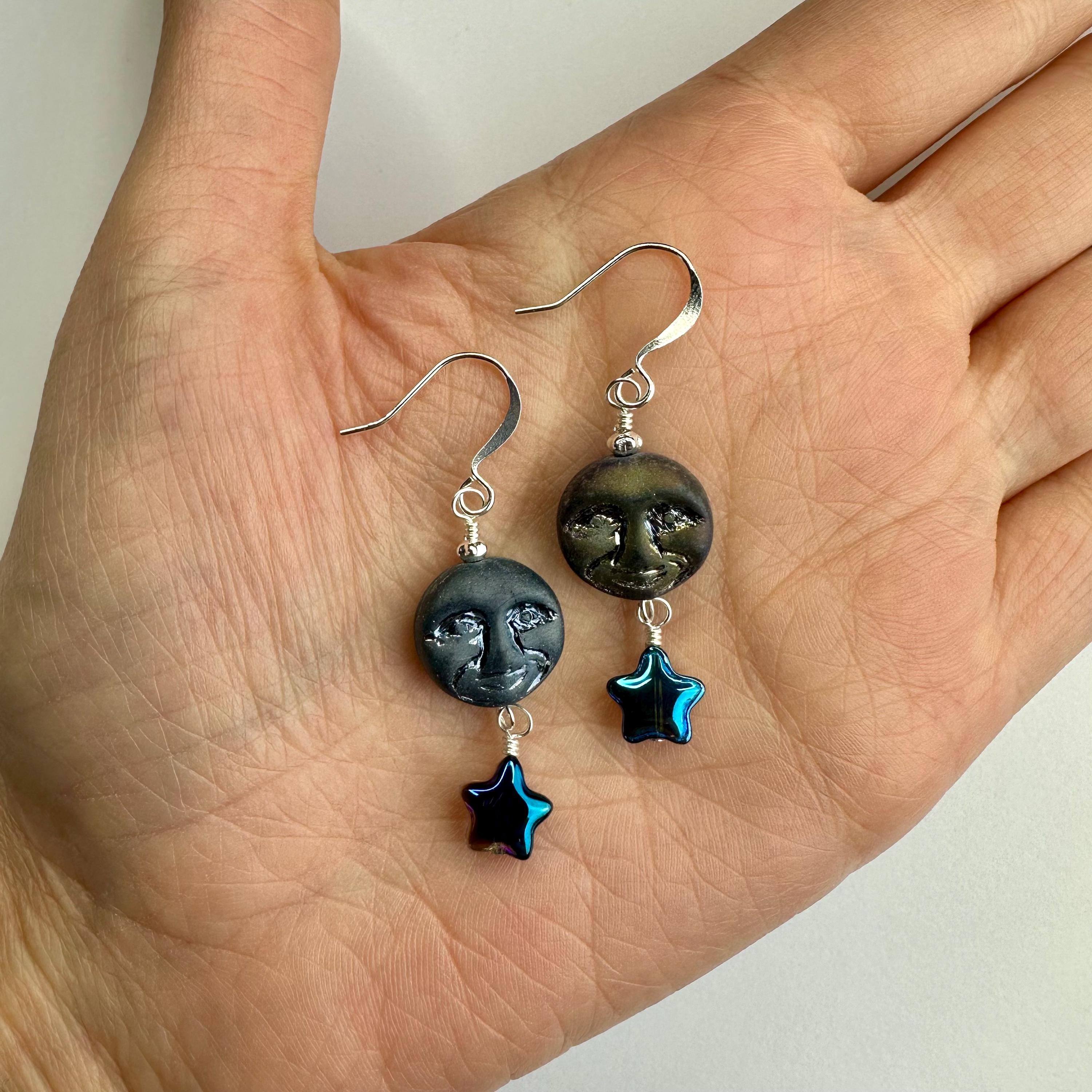 Full Moons + Czech Glass Stars Double Dangle Dangle Earrings | Blue Glass Beads, Moon + Star Boho Style Drop Earrings, Silver Tone Finishes