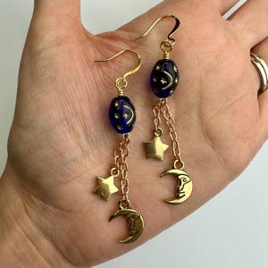 Midnight Blue Celestial Moons + Stars LONG Dangle Earrings | Royal Blue Czech Glass Stars Moon Charms Boho Drop Earring Gold Tone Finish