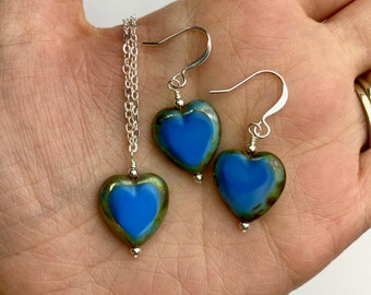 Blue Czech Glass Hearts Earrings + Necklace Set | Blue Table Cut Picasso Glass Heart Drop Earrings Silver Tone Finishes 16”-18” Necklace