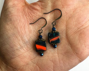 Atlantic Blue + Hot Orange Striped Czech Glass Square Dangle Earrings | Unique Striped Czech Glass Bead Earrings, Antiqued Brass Finishes