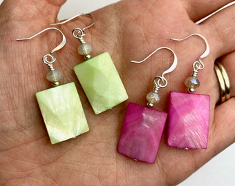 Faceted Pastel Shell Rectangle + Czech Glass Dangle Earrings | Mother of Pearl Dyed Shell Gemstone, Boho Drop Earrings, Silver Tone Finishes