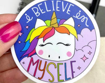Süßer Einhorn Sticker | Einhorn Doodle I Believe An Myself Vinyl-Aufkleber | Regenbogen Einhorn Aufkleber für Planer, Laptop, Geschenk Idee