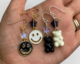 SET of 2! Black + White Mismatched Smiley Faces + Gummy Bears Earrings | Kawaii Resin + Enamel Charm Earrings, Silver Tone/Gold Tone Finish