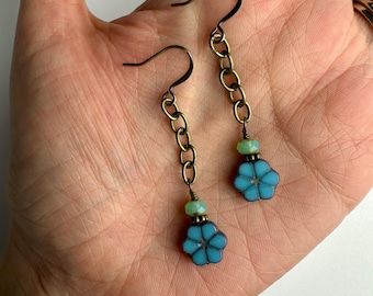 Sky Blue Flower + Long Chain Dangle Earrings | Retro Style Tiny Bright Blue Czech Glass Flowers, Boho Drop Earrings, Antique Brass Finishes