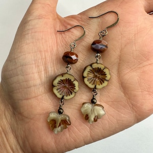 Neutral but Never Boring Flowers + Leaves Dangle Earrings | Unique Czech Glass Flowers, Boho Drop Earrings, Antiqued Brass Tone Finishes