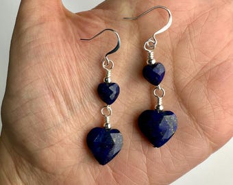 Lapis Lazuli Heart Double Dangle Earrings | Faceted Royal Blue Hearts Gemstone Beads, Cute Drop Earrings, Silver Tone Finishes