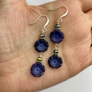 Matte Indigo Flowers Double Dangle Earrings | Purple Czech Glass Flowers with Iridescent Accents, Boho Drop Earrings, Silver Tone Finishes