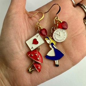 Alice in Wonderland + Red Mushrooms Dangle Earrings | White Rabbit, Alice in Wonderland Enamel Charms, Disney Inspired Gold Tone Finishes