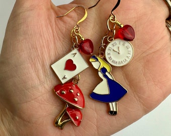 Alice in Wonderland + Red Mushrooms Dangle Earrings | White Rabbit, Alice in Wonderland Enamel Charms, Disney Inspired Gold Tone Finishes
