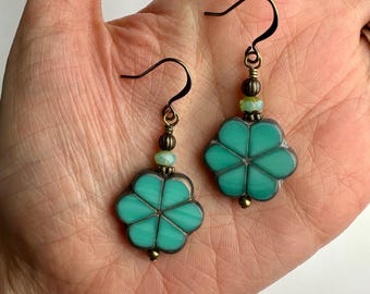 Big Turquoise Blue Flowers Dangle Earrings | Bright Blue Czech Glass Floral Beads, Boho Floral Drop Earring, Antique Brass Finish
