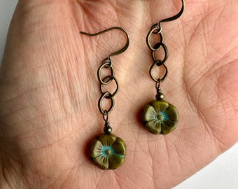 Olive Green Flowers + Long Chain Dangle Earrings | Czech Glass Flowers, Boho Drop Earrings, Antiqued Brass Tone Finishes