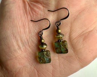 Unique Carved Glass Earthy Blues Double Dangle Earrings | Blue Czech Glass Beads Dangles, Boho Drop Earring, Antique Brass Finishes