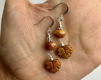 Deep Mustard Fall Leaf + Czech Glass Double Dangles | Rich Colors Czech Glass Autumn Leaves, Boho Style Drop Earring, Silver Tone Finishes