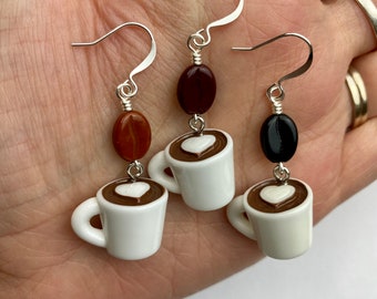 I Heart Cappuccino Cups + Coffee Beans Dangle Earrings | Resin Coffee Cup Charms Czech Glass Coffee Bean Drop Earrings, Silver Tone Finishes