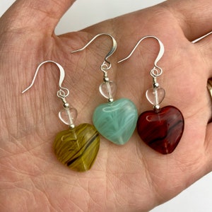 Funky Retro Color Hearts + Baby Czech Glass Hearts Dangle Earrings | Heart Shaped Czech Glass Beads, Cute Drop Earrings Silver Tone Finishes