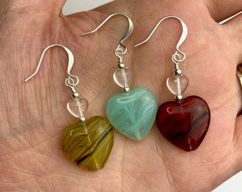 Funky Retro Color Hearts + Baby Czech Glass Hearts Dangle Earrings | Heart Shaped Czech Glass Beads, Cute Drop Earrings Silver Tone Finishes