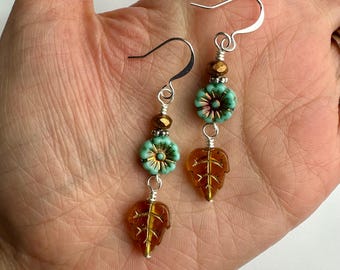 Dreamy Daisy Dangles | Iridescent Turquoise Flowers + Amber Glass Leaves Earrings | Boho Drop Earrings, Silver Tone Finishes