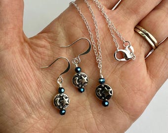 Dainty Celestial Earrings + Necklace Set | Moon + Stars Charm Blue Faceted Czech Glass Bead, Drop Earrings Silver Tone Finishes 18” Necklace