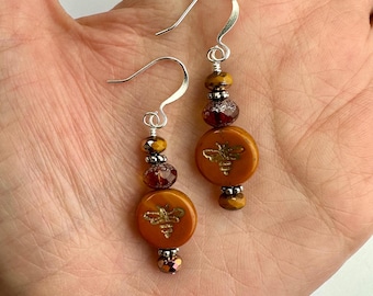 Honey Mustard Yellow Honey Bee Dangle Earrings | Yellow + Brown Czech Glass Bees Beads Dangle, Boho Drop Earring Silver Tone Finish *UPATED*