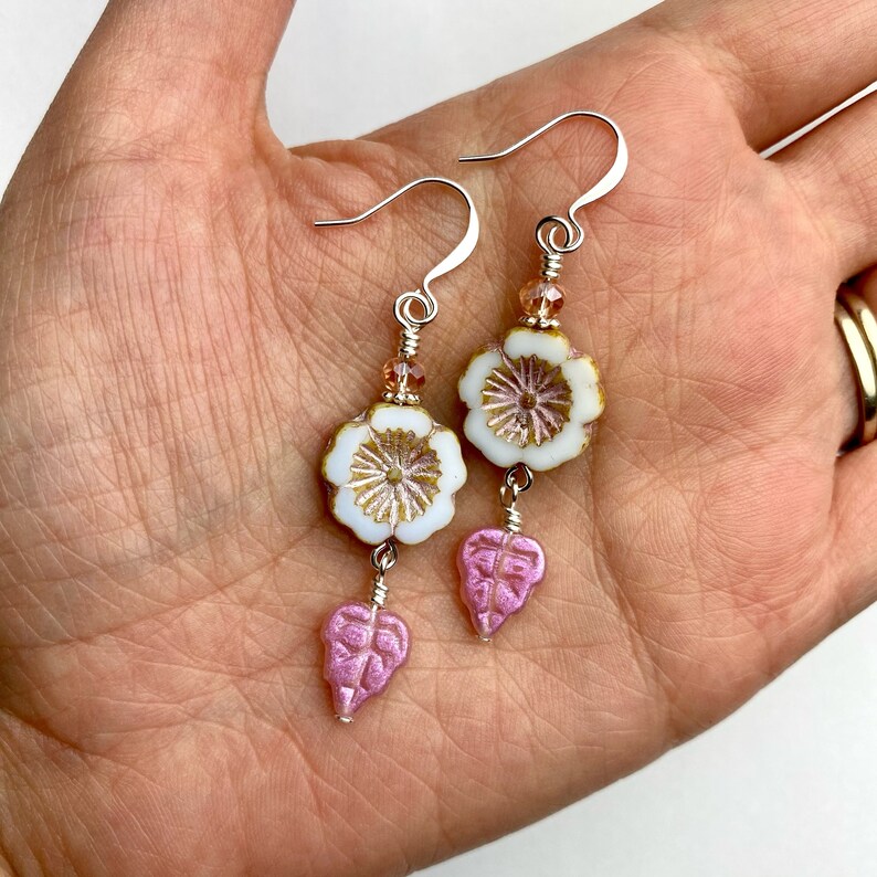Leaf Double Dangle Earrings Iridescent Czech Glass Flowers Leaves Boho Drop Earrings Silver Tone Finishes Opalescent Pink Floral