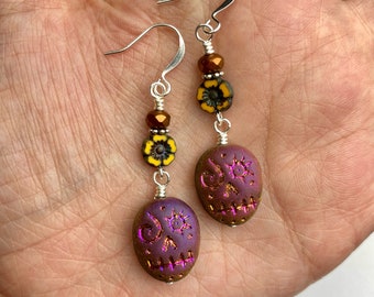 Iridescent Purple Sugar Skulls + Yellow Flower Long Dangle Earrings | Dia de los Muertos Jewelry, Czech Glass Flower, Silver Tone Finishes