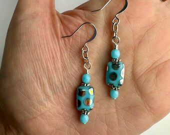 Sky Blue Blue Czech Glass Rectangle Dangle Earrings | Iridescent Spotted Czech Glass Beads, Boho Style Drop Earrings, Silver Tone Finishes