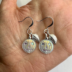 Mini Iridescent Lavender Jack-O-Lantern Dangle Earrings | Pumpkin + Leaf Halloween Pumpkin Jewelry Cute Drop Earring Silver Tone Finishes