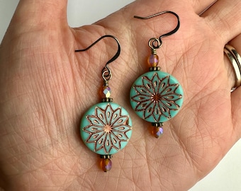 Turquoise + Coppery Carved Czech Glass Coin Earrings | Turquoise Blue + Amber Glass Beads, Boho Style Drop Earrings, Antiqued Brass Finishes