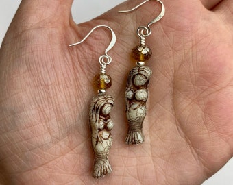 Beige + Bronze Neutral Mermaid Dangle Earrings | Pressed Czech Glass Mermaids Beads, Long Dangle Boho Drop Earrings, Silver Tone Finishes