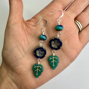 LONG Ocean Blue Flowers + Teal Leaf Dangle Earrings | Blue Czech Glass Flowers + Turquoise Accents, Boho Drop Earrings, Silver Tone Finishes