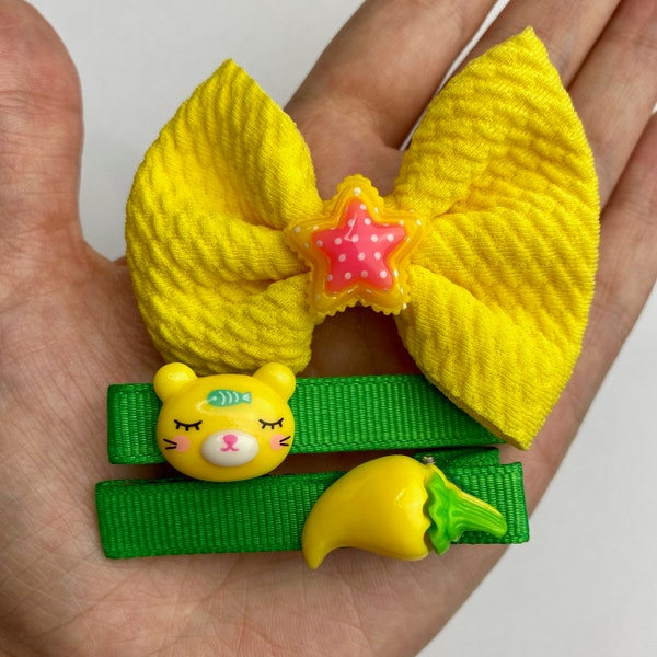 Bright Yellow Bows, Stars + Chili Peppers Hair Clip Set | Set of 6 Kawaii Barrettes, 2 Bows 2 Alligator + 2 Snap Clip, Cute Hair Accessories