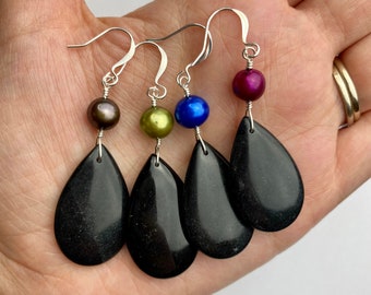 Large Black Onyx Gemstone Teardrop + Colorful Pearl Dangle Earrings | Gemstone Pendant, Big Boho Style Drop Earrings, Silver Tone Finishes