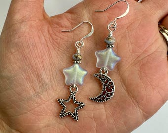 Fancy Celestial Moons + Iridescent Lavender Stars Dangle Earrings | Czech Glass Stars, Moon + Star Charms Boho Style Drop Silver Tone Finish