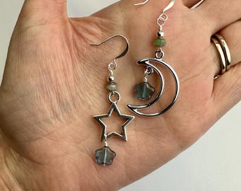Large Moon & Stars + Dangly Stars and Crescent Moon Earrings | Light Blue Czech Glass Boho Style Mismatched Drop Earring Silver Tone Finish