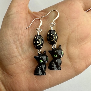 Cute Black Cat Kitty + Celestial Beads Dangle Earrings | Resin Black Cat Charm + Czech Glass Beads, Halloween Earrings, Silver Tone Finishes