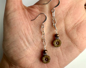 Dainty Shades of Neutral Flowers + Long Chain Dangle Earrings | Czech Glass Flowers, Boho Drop Earrings, Silver Tone Finishes