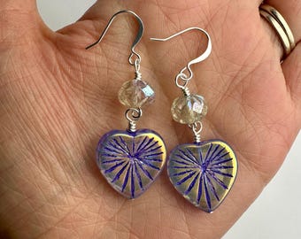 Iridescent Purple Double Hearts Dangle Earrings | Lavender Glowing Hearts Czech Glass Beads, Cute Drop Earrings, Silver Tone Finishes